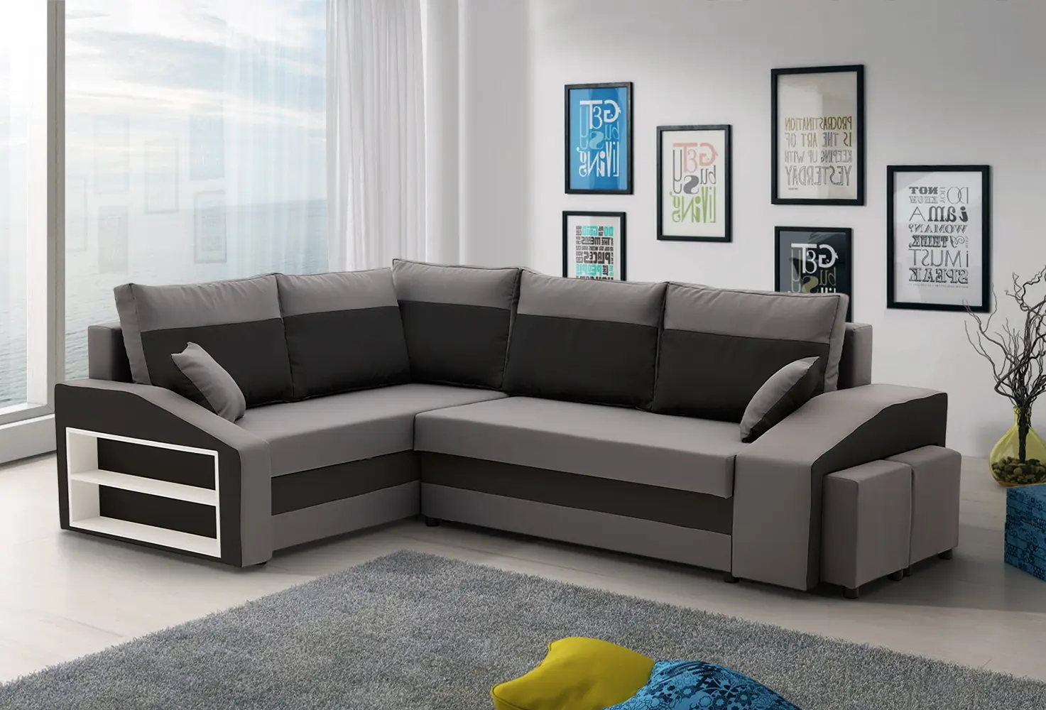 Диван угловой Magnifico Meble Grande Left Shelf/Right Puffs Bonell Mikrofaza 27/Mikrofaza 15 Left (Grey/Black)