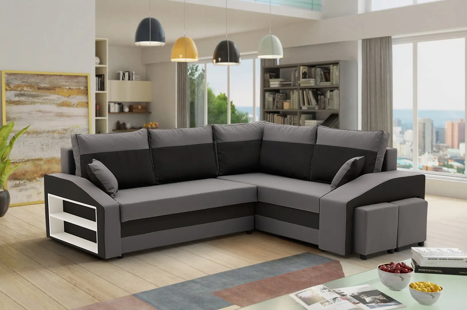 Диван угловой Magnifico Meble Grande Left Shelf/Right Puffs Bonell Mikrofaza 27/Mikrofaza 15 Right (Grey/Black)
