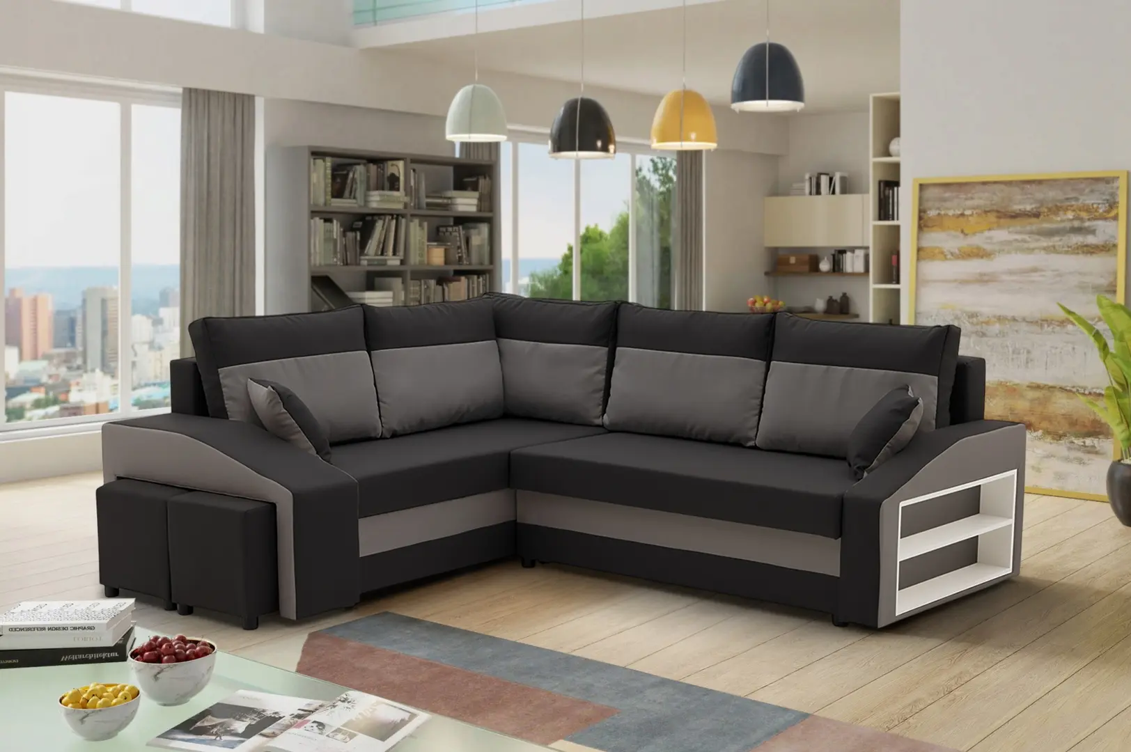 Диван угловой Magnifico Meble Grande Right Shelf/Left Puffs Bonell Mikrofaza 15/Mikrofaza 27 Left (Black/Grey)