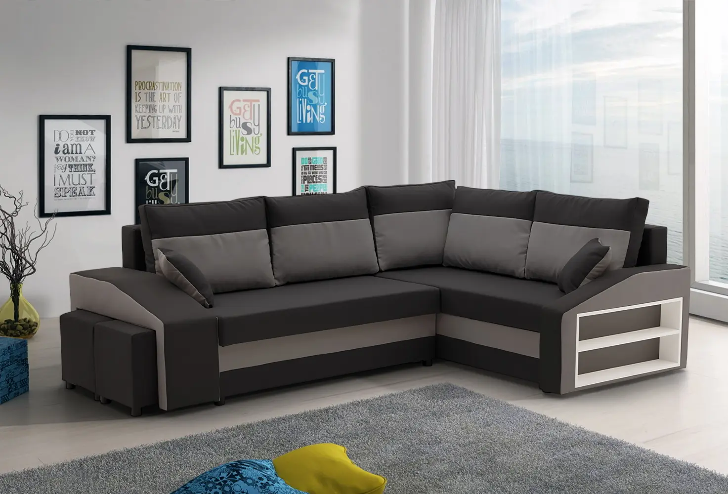 Диван угловой Magnifico Meble Grande Right Shelf/Left Puffs Bonell Mikrofaza 15/Mikrofaza 27 Right (Black/Grey)