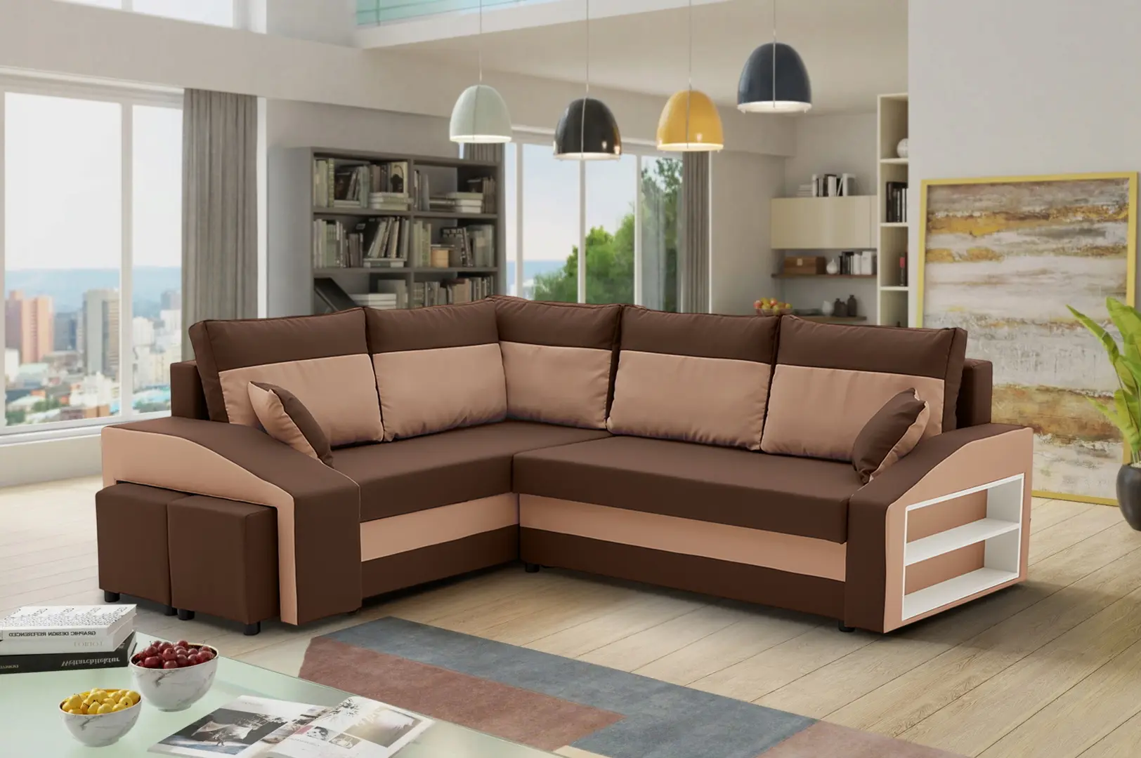 Диван угловой Magnifico Meble Grande Right Shelf/Left Puffs Bonell Mikrofaza 20/Mikrofaza 48 Left (Brown/Cappuccino)