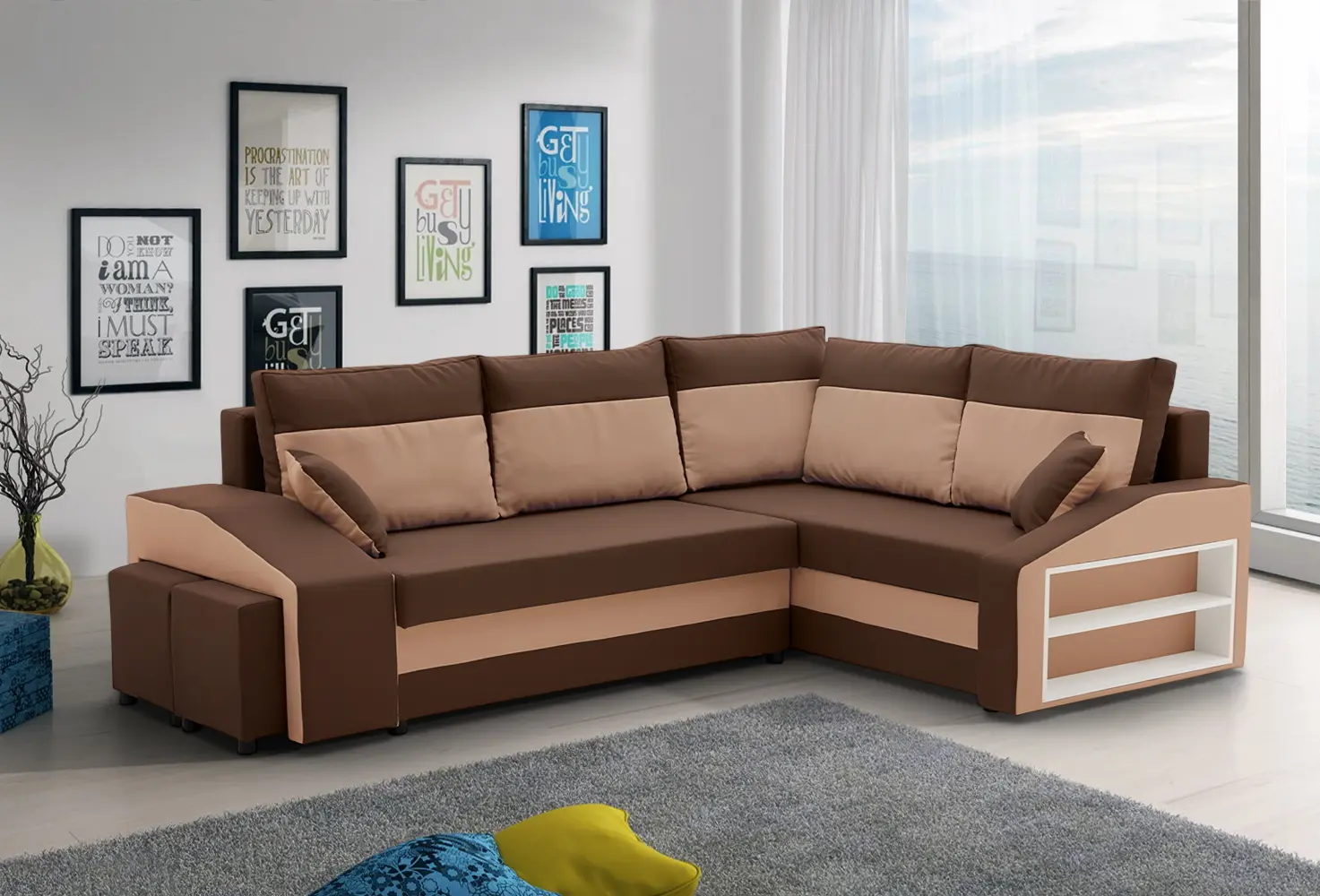 Canapea de colt Magnifico Meble Grande Right Shelf/Left Puffs Bonell Mikrofaza 20/Mikrofaza 48 Right (Brown/Cappuccino)