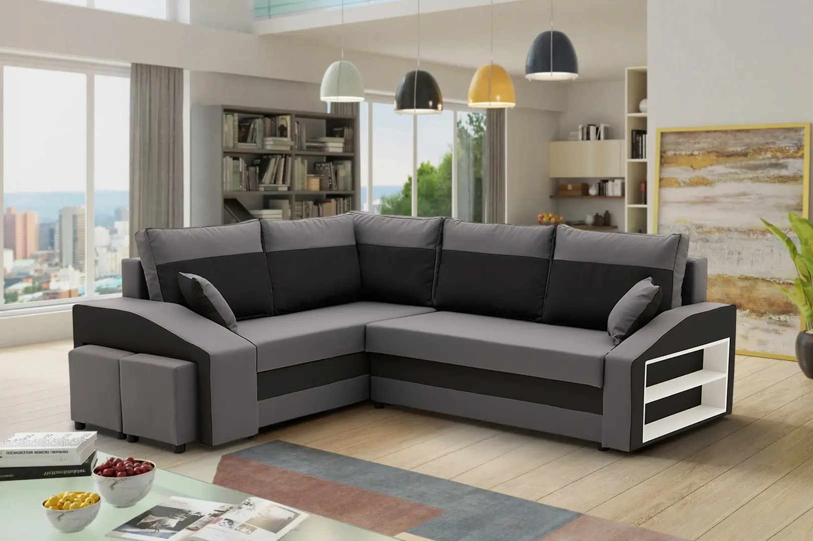 Диван угловой Magnifico Meble Grande Right Shelf/Left Puffs Bonell Mikrofaza 27/Mikrofaza 15 Left (Grey/Black)