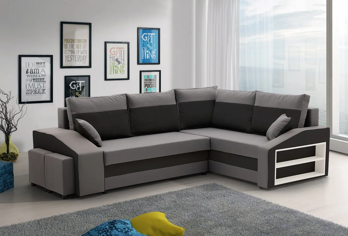 Диван угловой Magnifico Meble Grande Right Shelf/Left Puffs Bonell Mikrofaza 27/Mikrofaza 15 Right (Grey/Black)