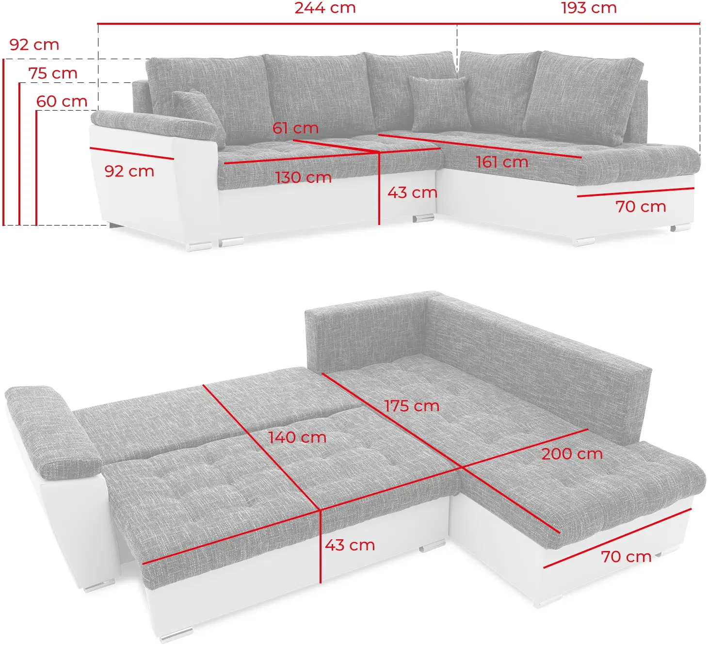 Canapea de colt Magnifico Meble Vegas 245/190 Lawa 17/Real 17 Right (Dark Grey/White)