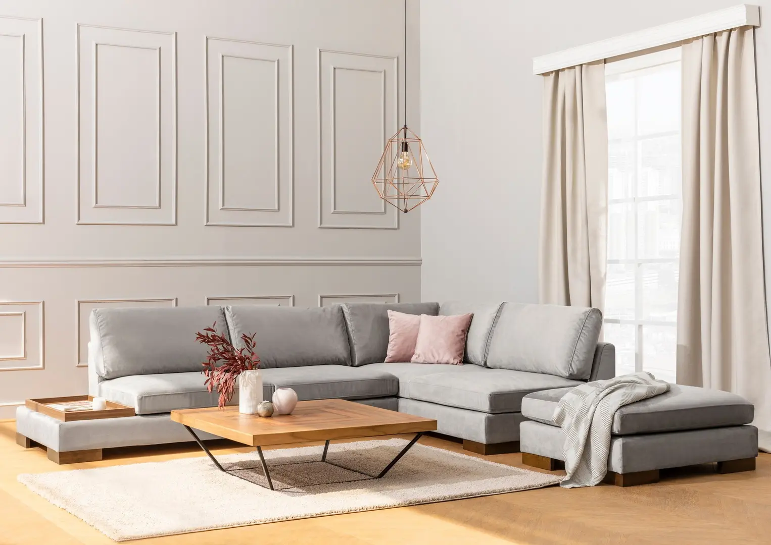 Canapea de colt cu puf Mirage Meble Tulip Shelf-Left (Light Grey)