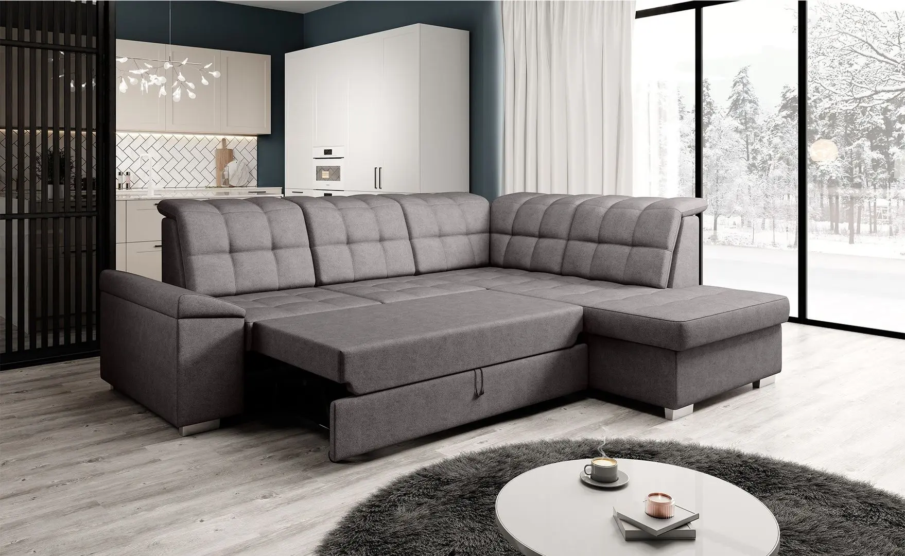 Canapea de colt extensibila Mobhaus Oreo Roh Right (Gray-Brown)