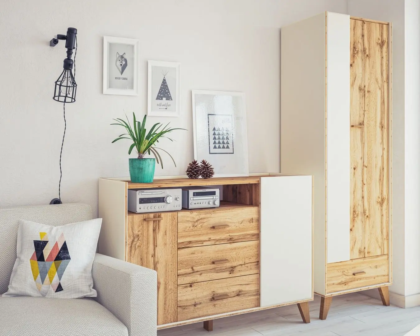 Шкаф комбинированный Неман Сканди МН-036-09 (Дуб Вотан/Белый)