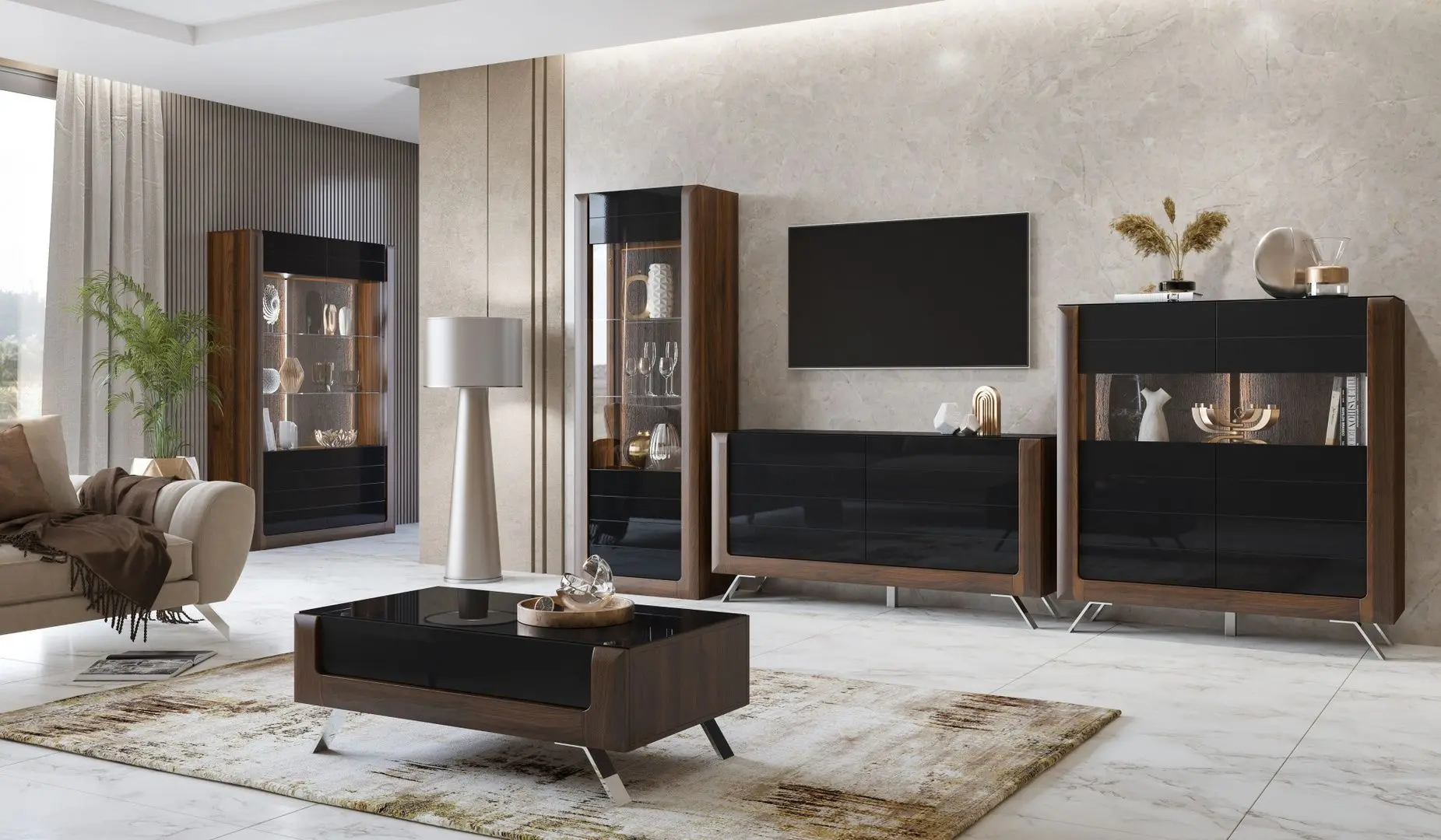 Витрина Helvetia Kasai 1D (Walnut/Black Gloss)