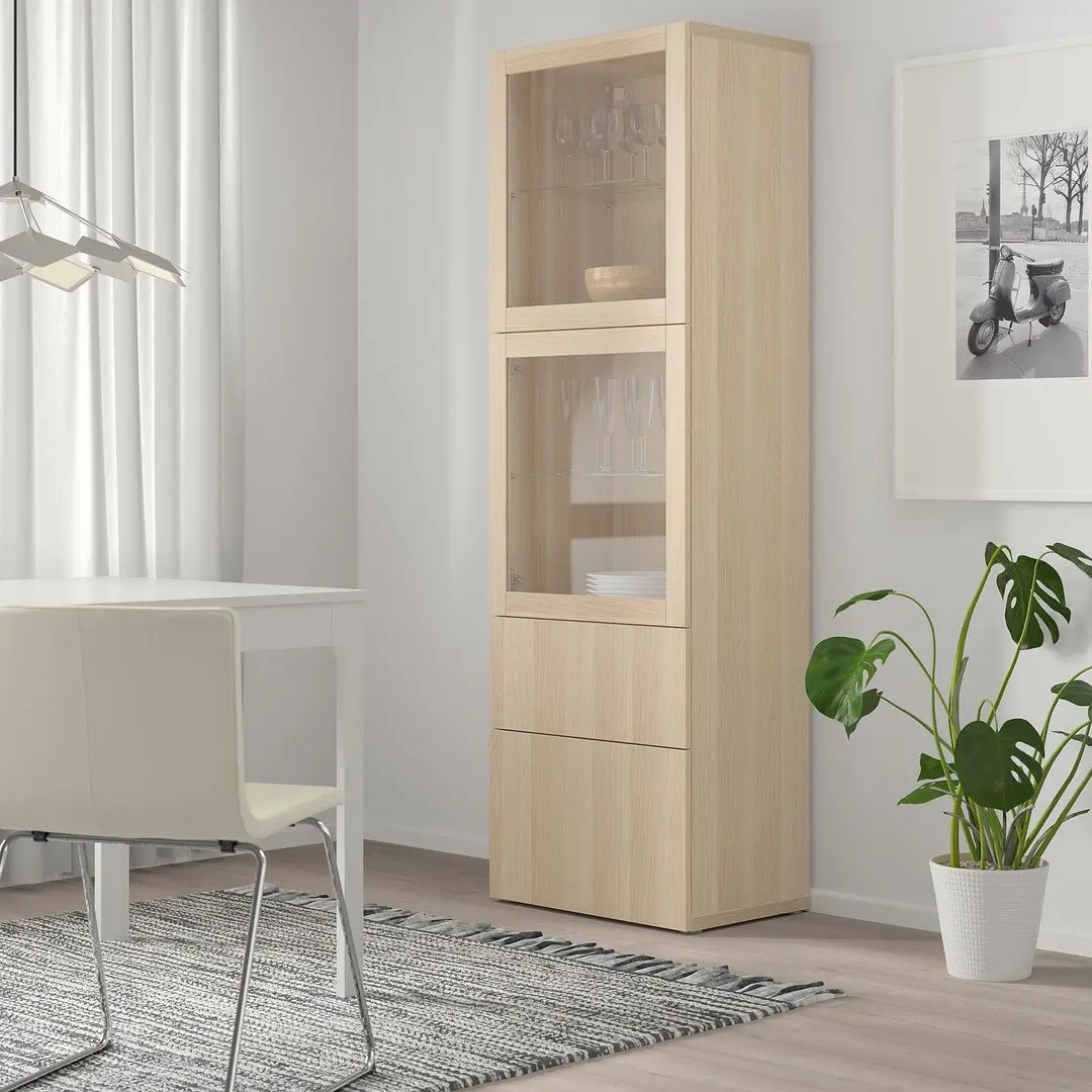 Vitrina Ikea Besta/Lappviken glisiera sertar cu sistem apasare 60x42x193 (Stejar Antichizat/Stejar Alb) - 5