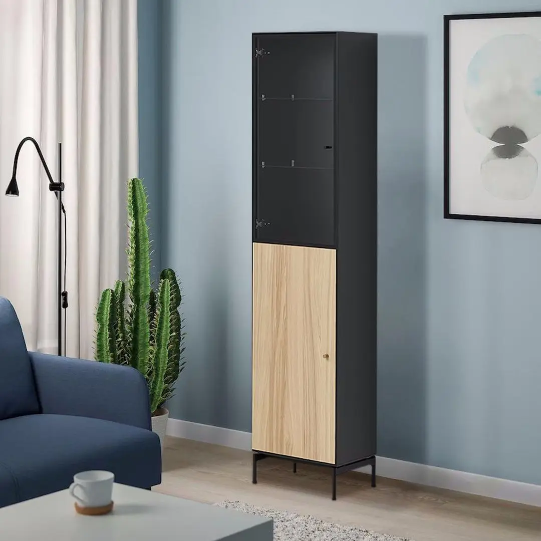 Penal-vitrina Ikea Boastad 41x32x185 (Negru/Furnir Stejar)