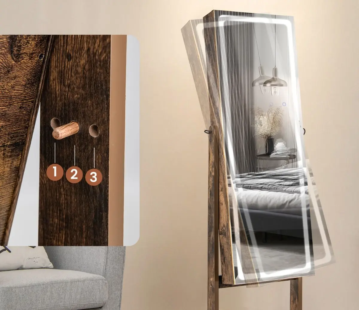 Шкаф-зеркало для украшений Costway JV11196DE-BN (Walnut)