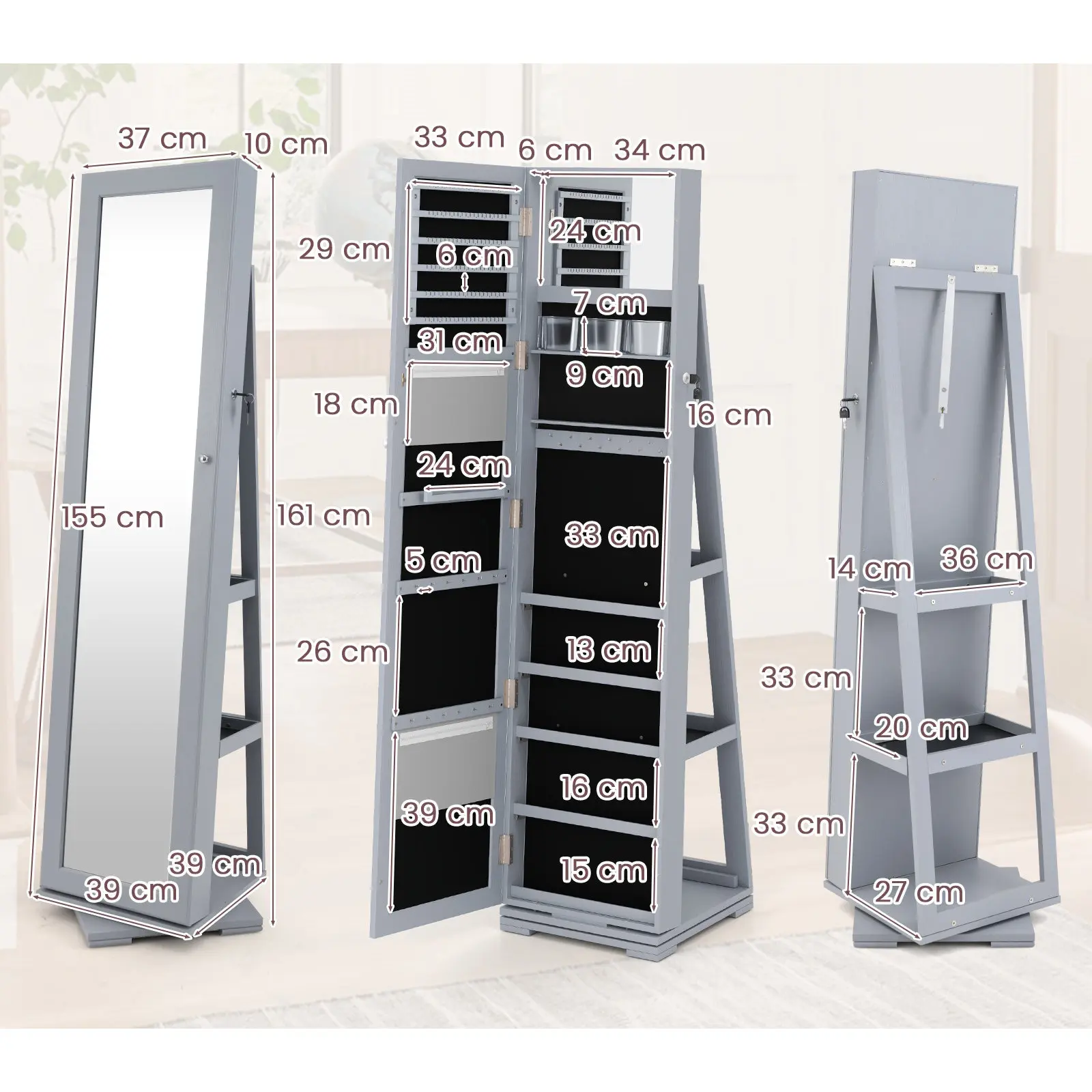 Dulap-oglinda pentru bijuterii Costway HW64483GR (Grey) - 3