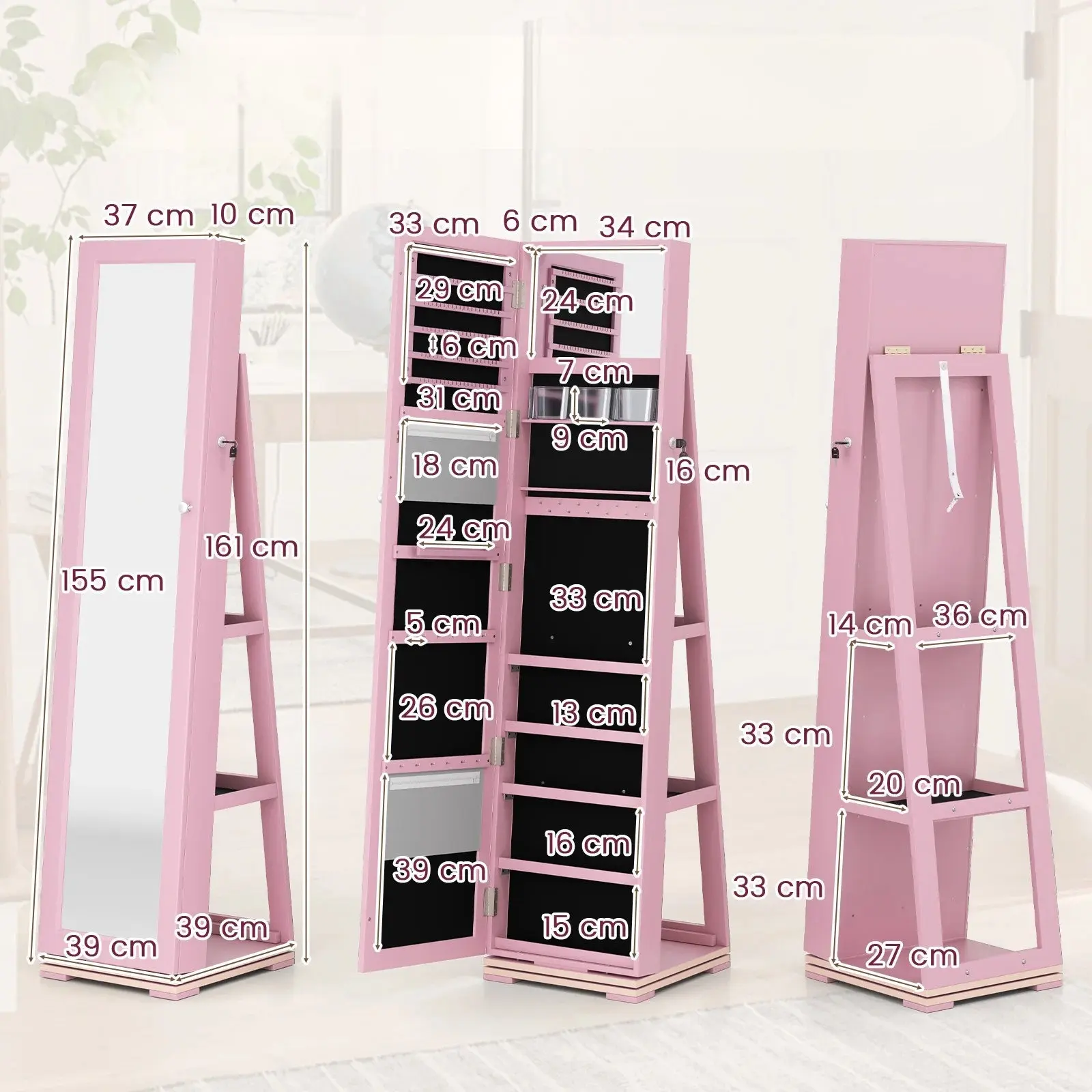 Dulap-oglinda pentru bijuterii Costway HW64483PI (Pink) - 3