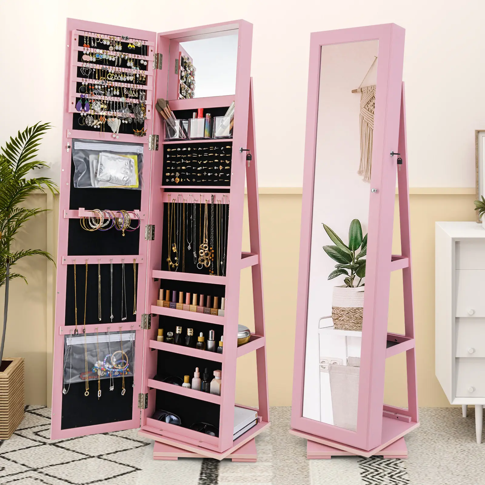 Dulap-oglinda pentru bijuterii Costway HW64483PI (Pink) - 4