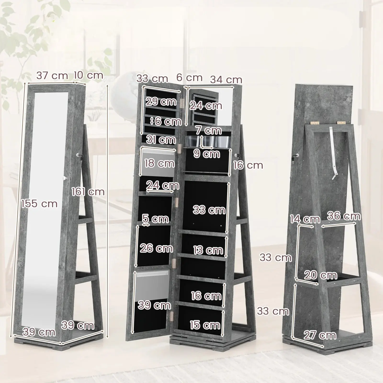 Dulap-oglinda pentru bijuterii Costway HW64483YA (Grey) - 3