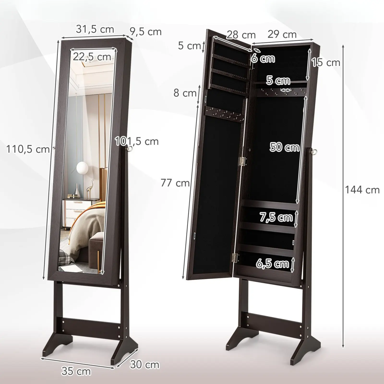 Dulap-oglinda pentru bijuterii Costway HW66419CF (Coffee) - 4