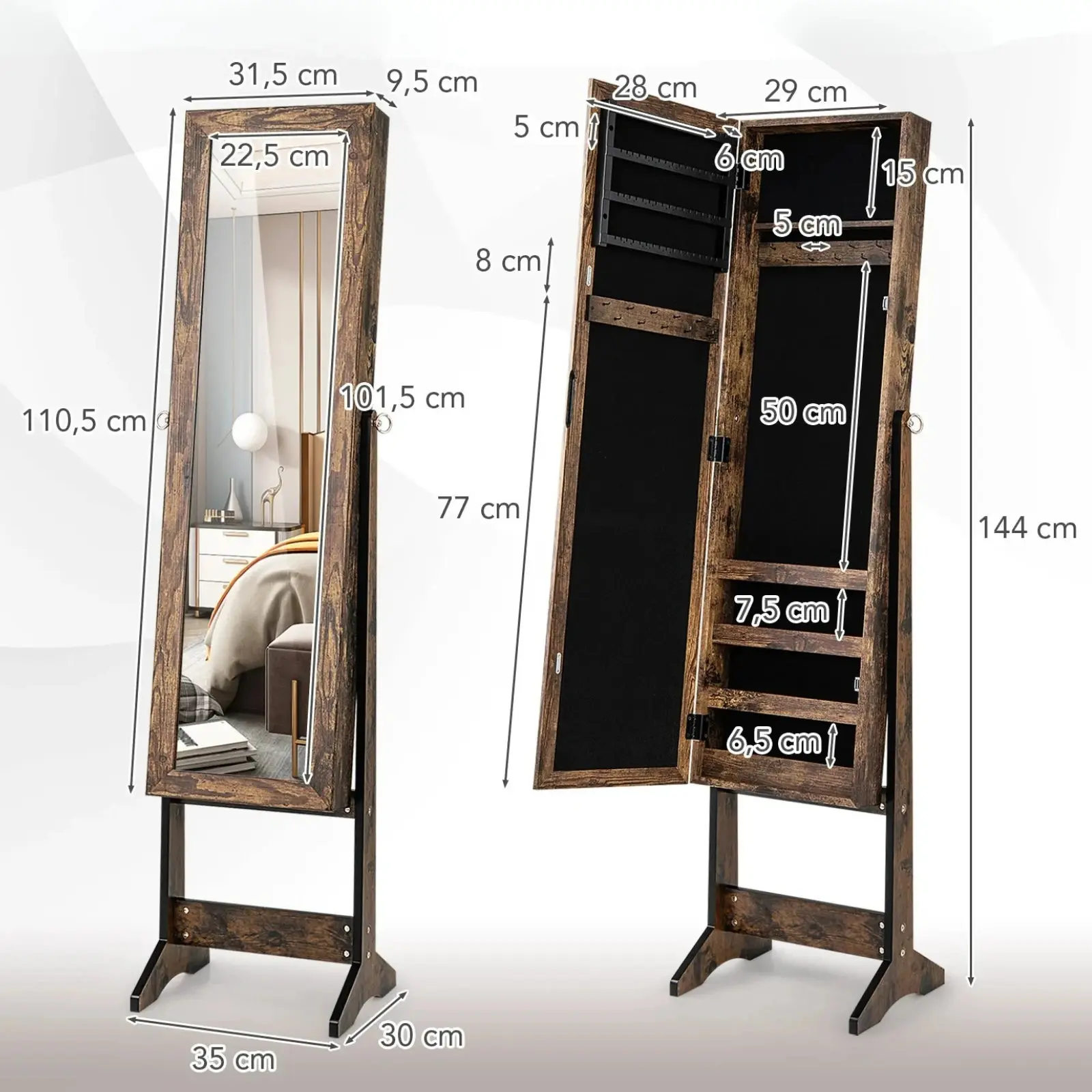 Dulap-oglinda pentru bijuterii Costway HW66419FG (Brown) - 4