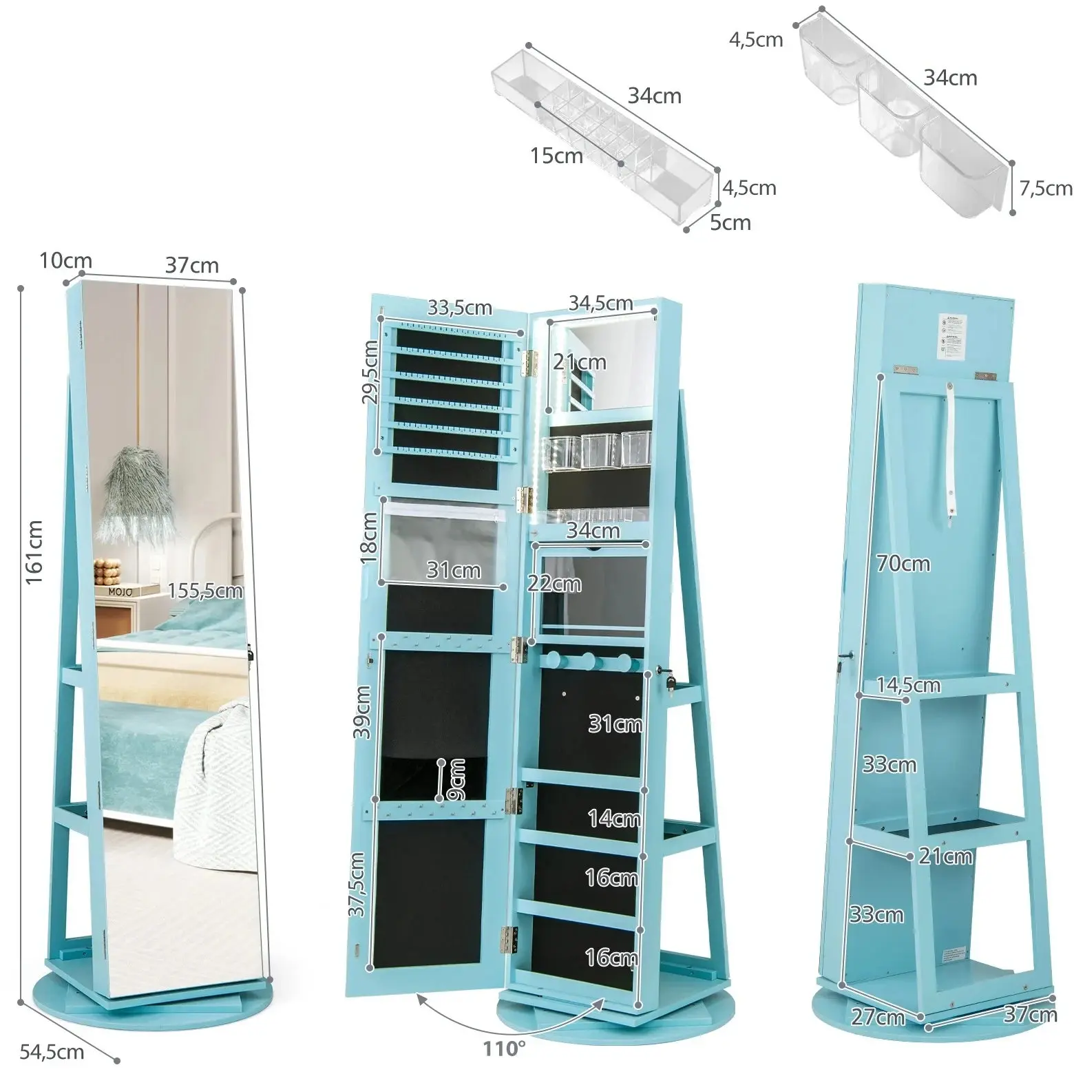 Dulap-oglinda pentru bijuterii Costway JV10430LU (Light Blue) - 4