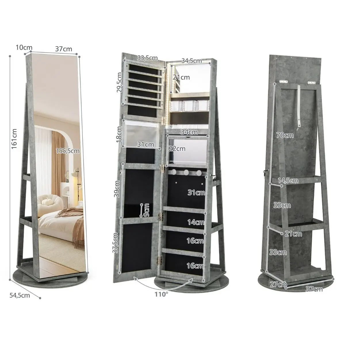 Dulap-oglinda pentru bijuterii Costway JV10430YA (Grey-green) - 4