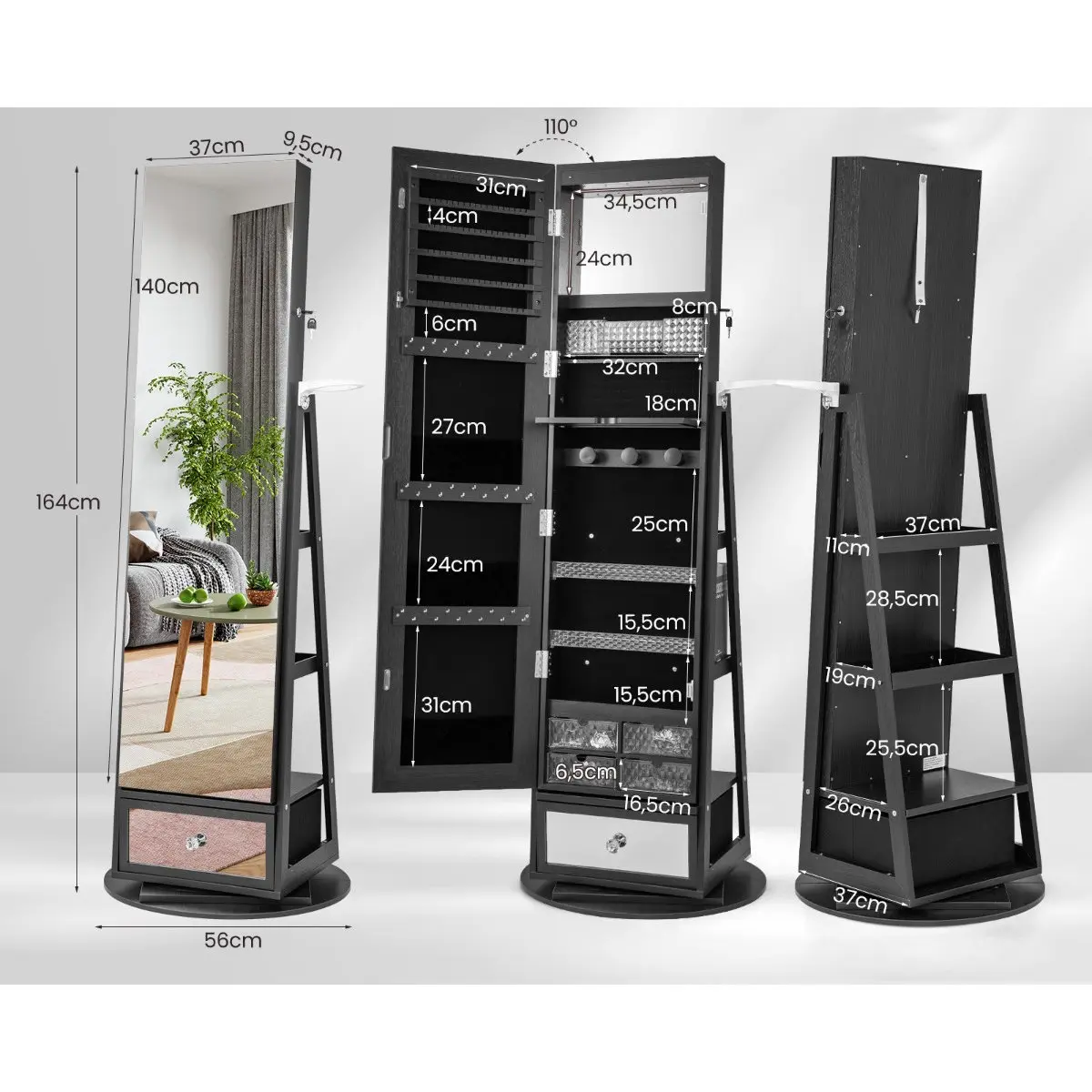 Dulap-oglinda pentru bijuterii Costway JV11195DK (Black) - 3