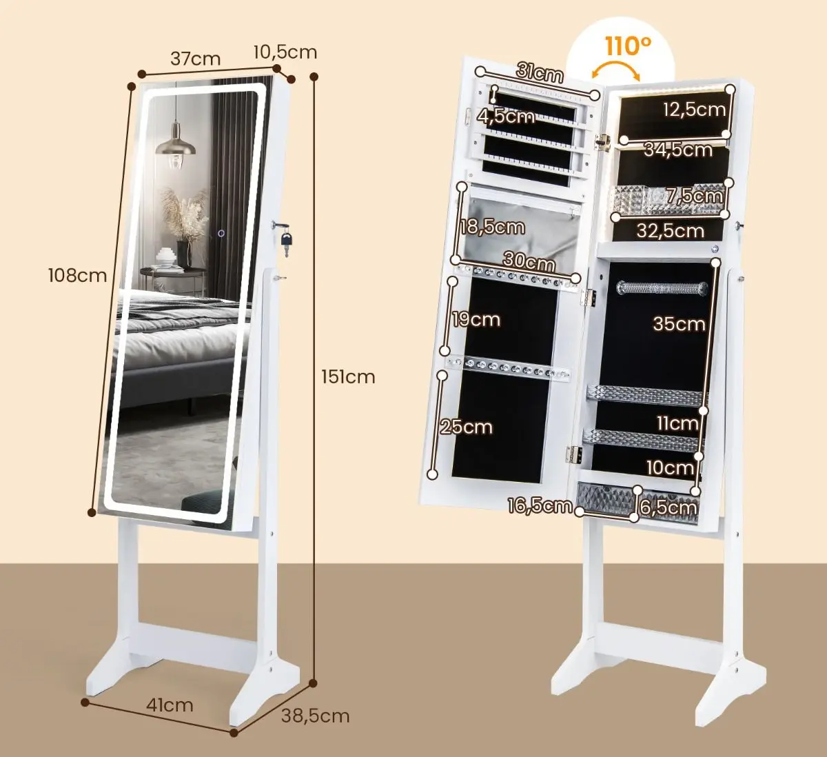 Шкаф-зеркало для украшений Costway JV11196DE-WH (White)