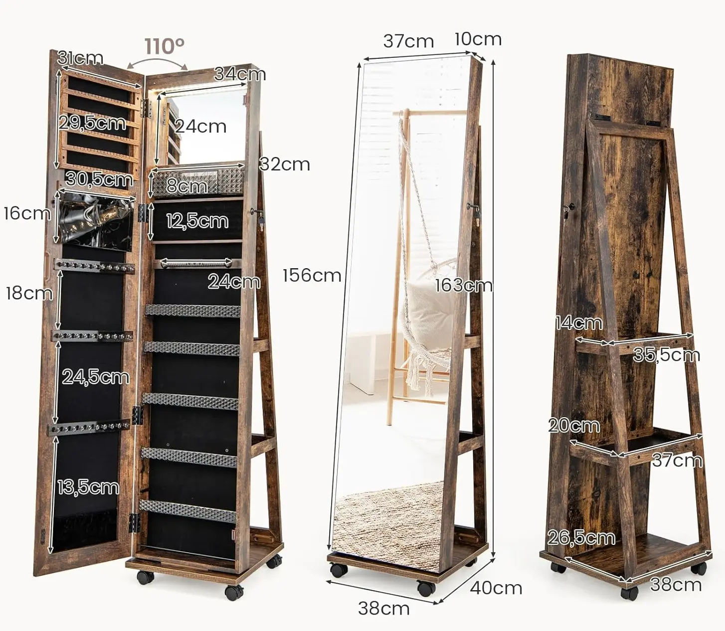 Dulap-oglinda pentru bijuterii Costway JV11245CF (Coffee)