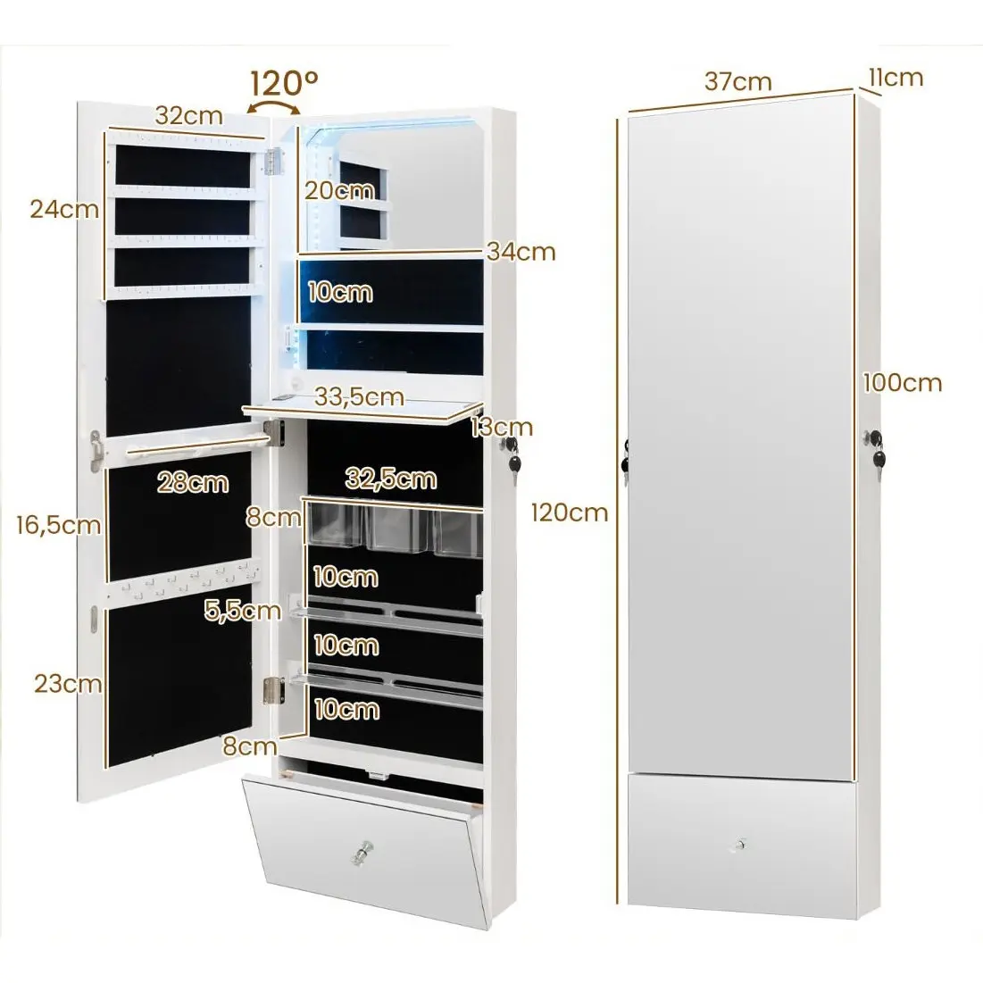 Dulap-oglinda pentru bijuterii Costway JV11292WH (White) - 3