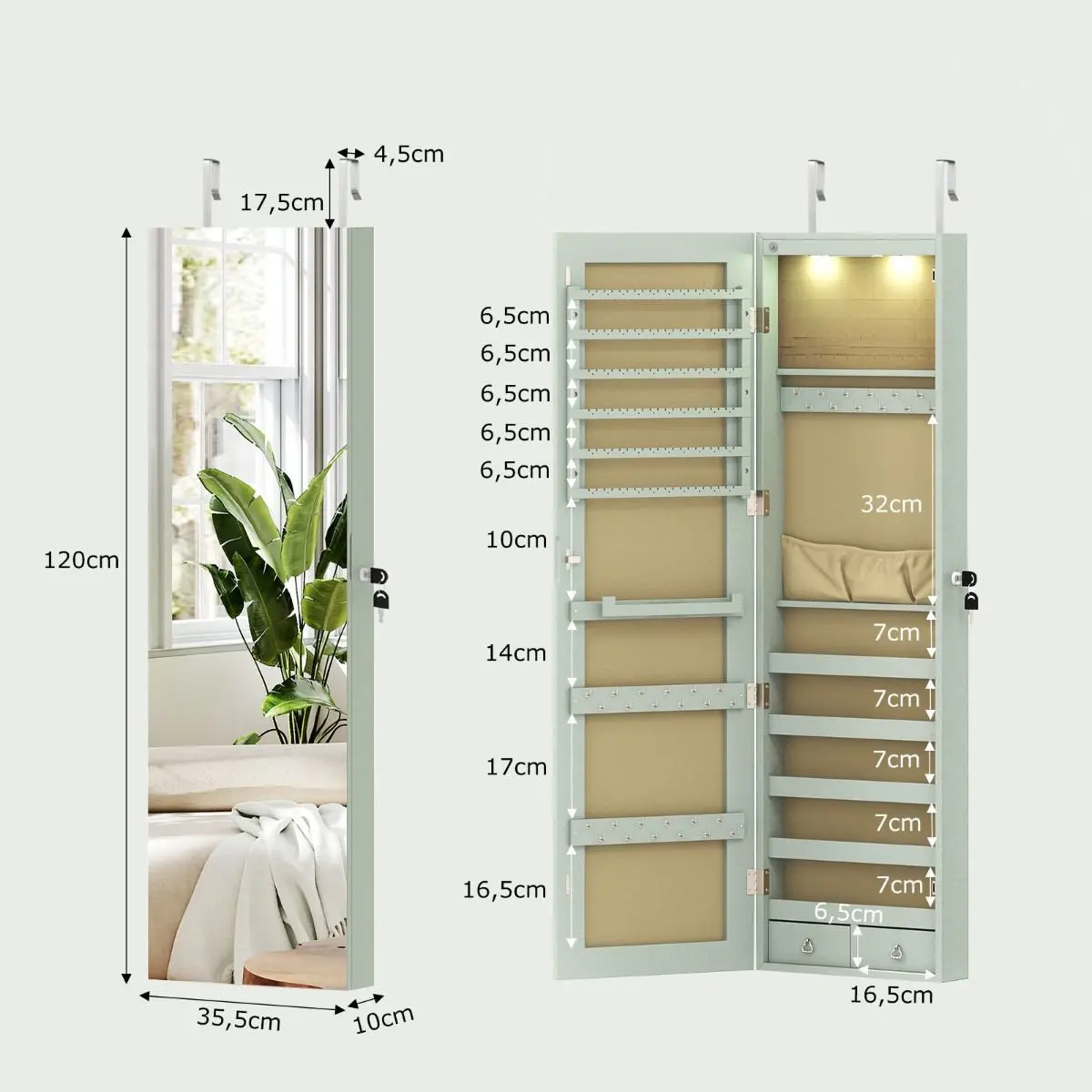 Dulap-oglinda pentru bijuterii Costway JV11889LS (Green) - 3