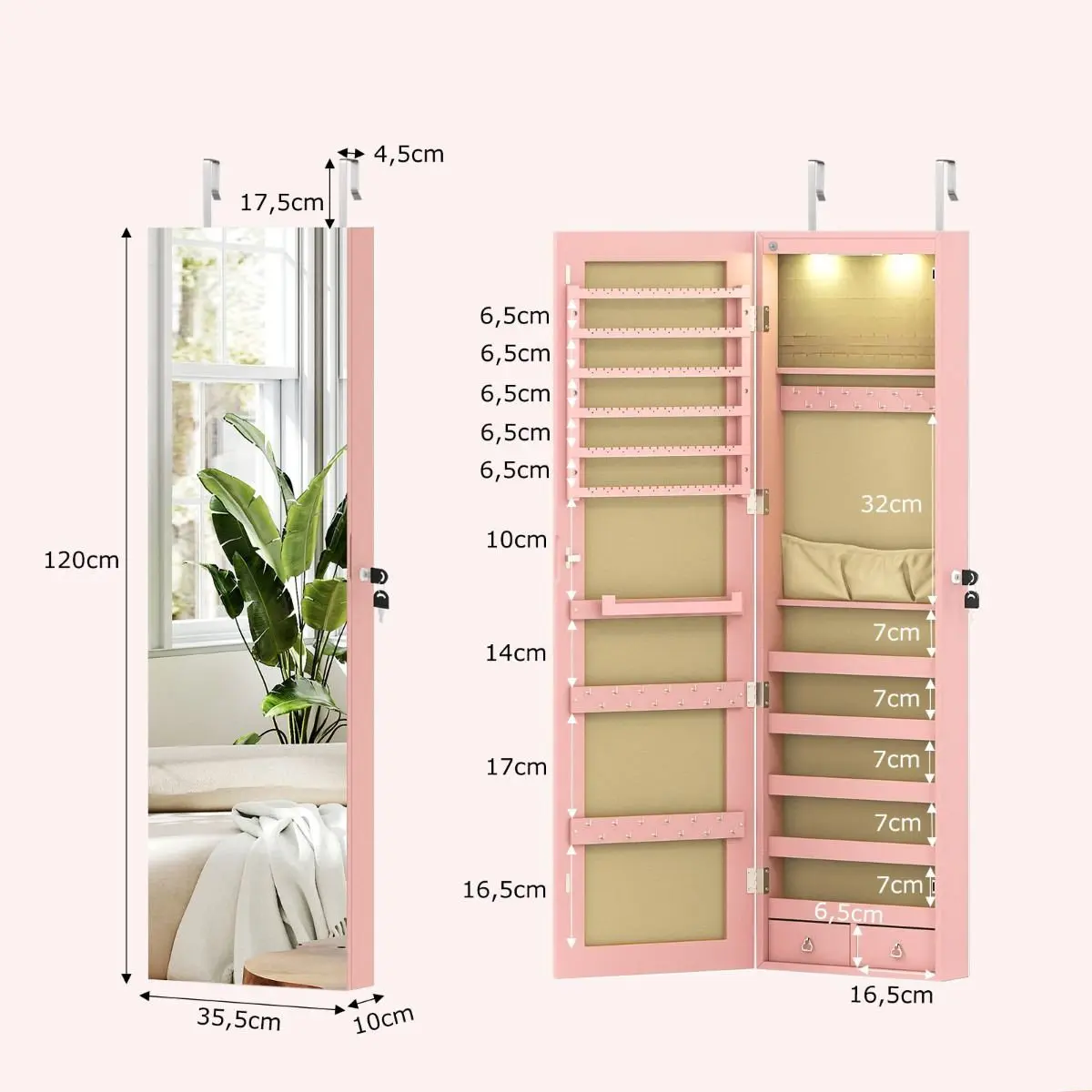Dulap-oglinda pentru bijuterii Costway JV11889MK (Pink) - 3