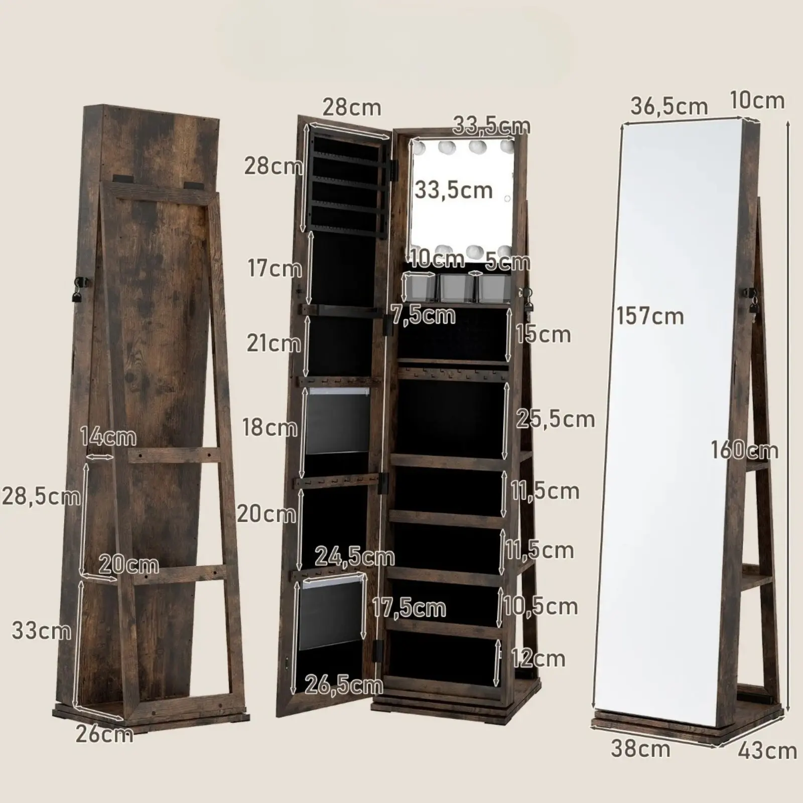 Шкаф-зеркало для украшений Costway JV12358FG (Brown) - 4
