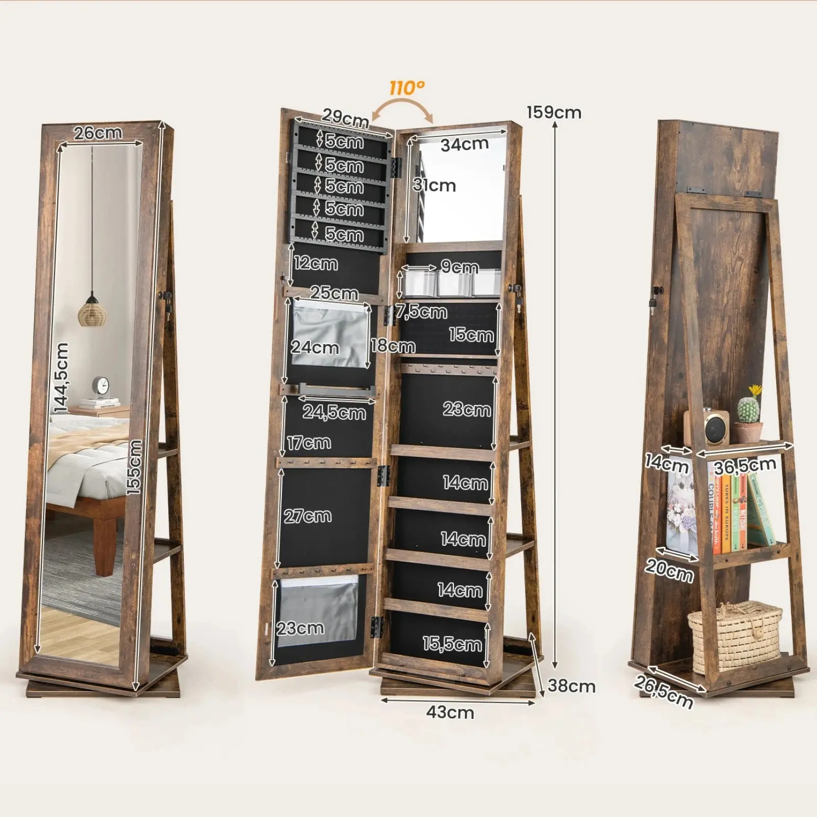 Шкаф-зеркало для украшений Costway JV12477FG (Brown) - 4