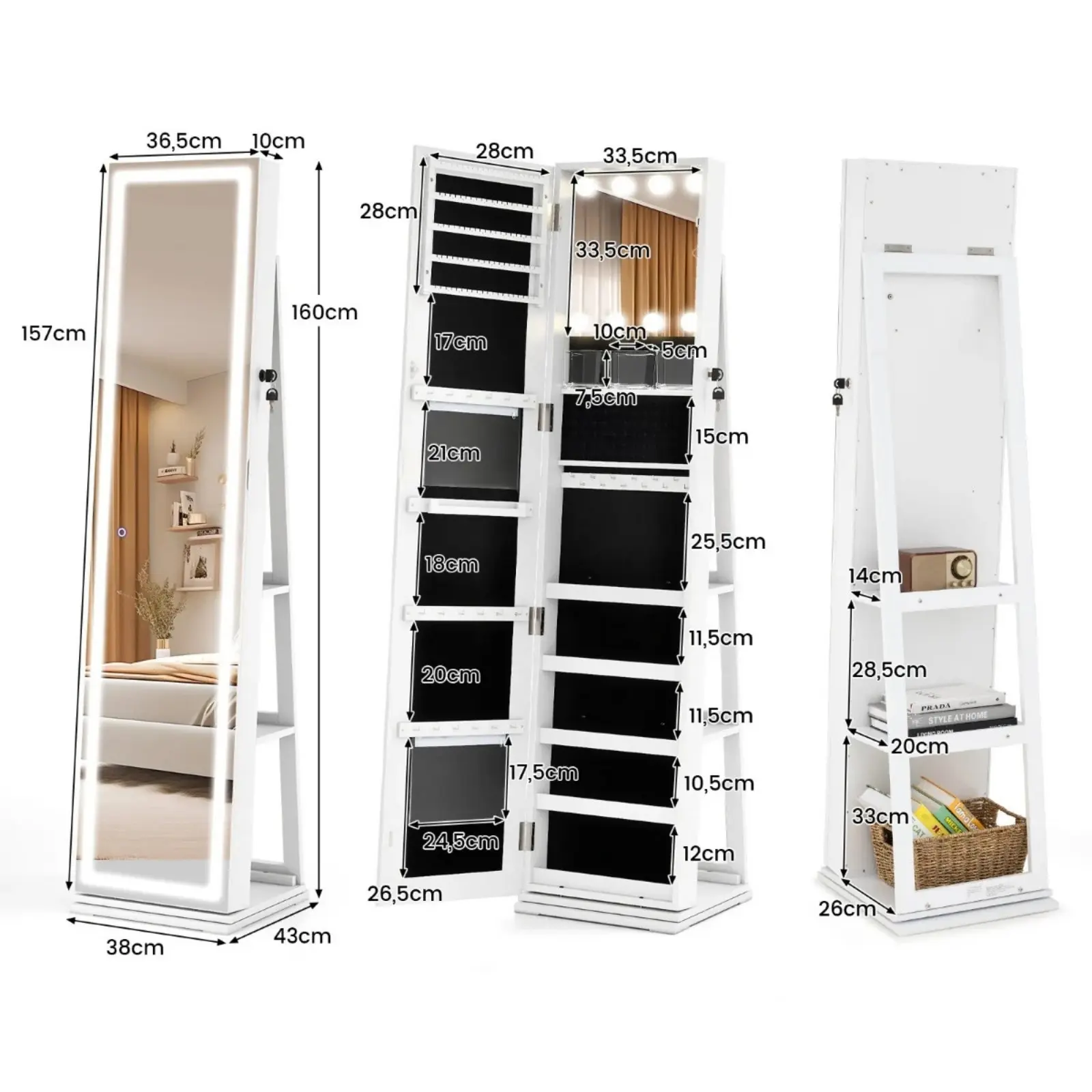 Dulap-oglinda pentru bijuterii Costway JV12479DE-WH (White) - 3