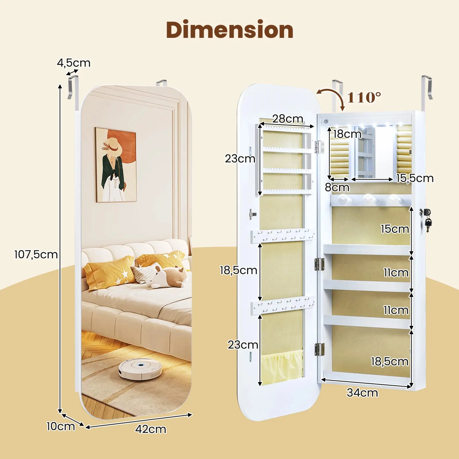 Dulap-oglinda pentru bijuterii Costway JV12515WH (White) - 4
