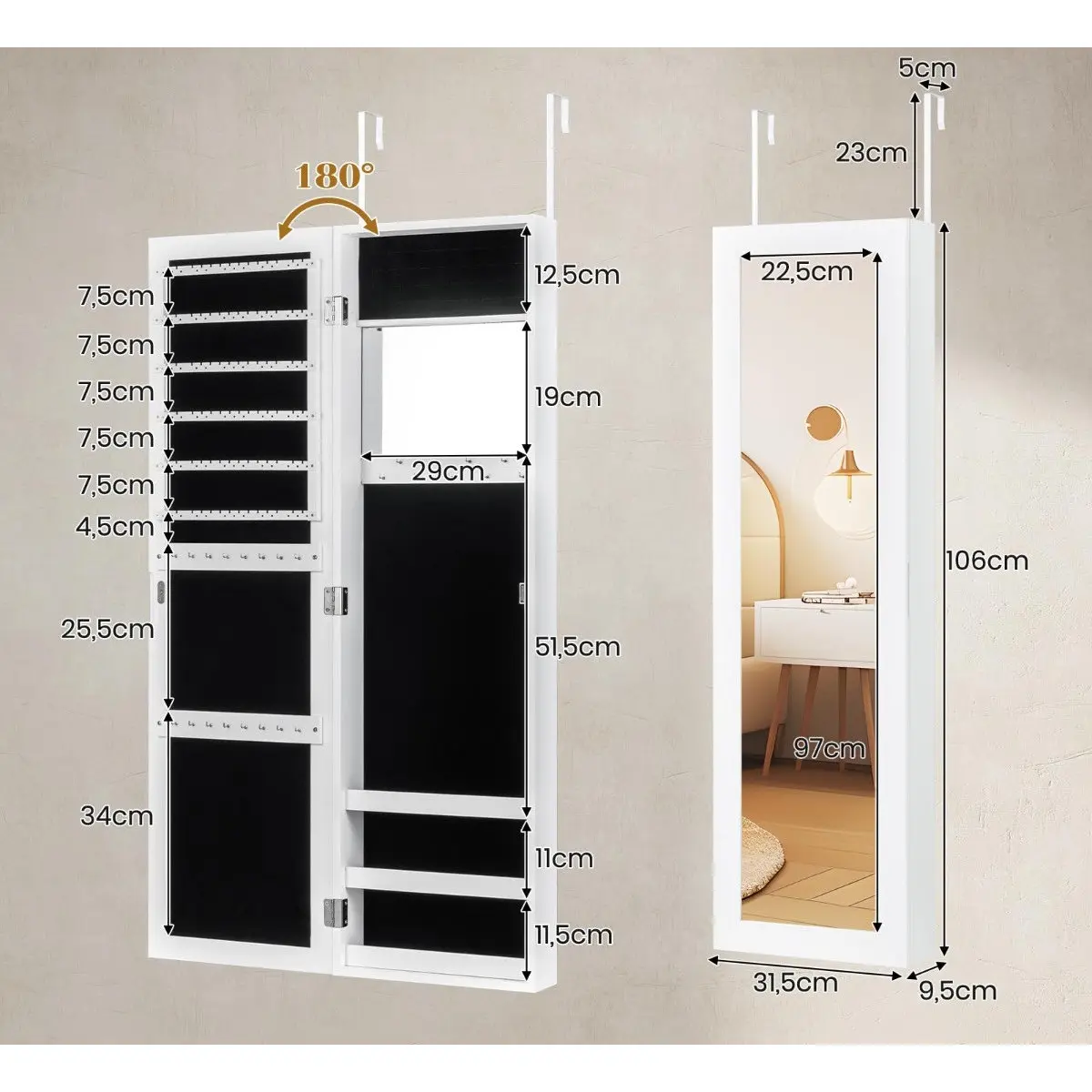 Dulap-oglinda pentru bijuterii Costway JV13272WH (White) - 3