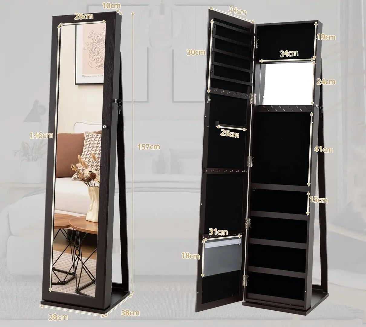 Шкаф-зеркало для украшений Costway HW64484ZS (Coffee)