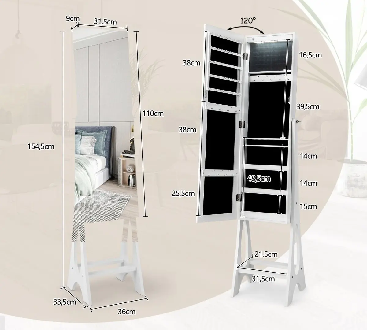 Dulap-oglinda pentru bijuterii Costway JV10081WH (White)