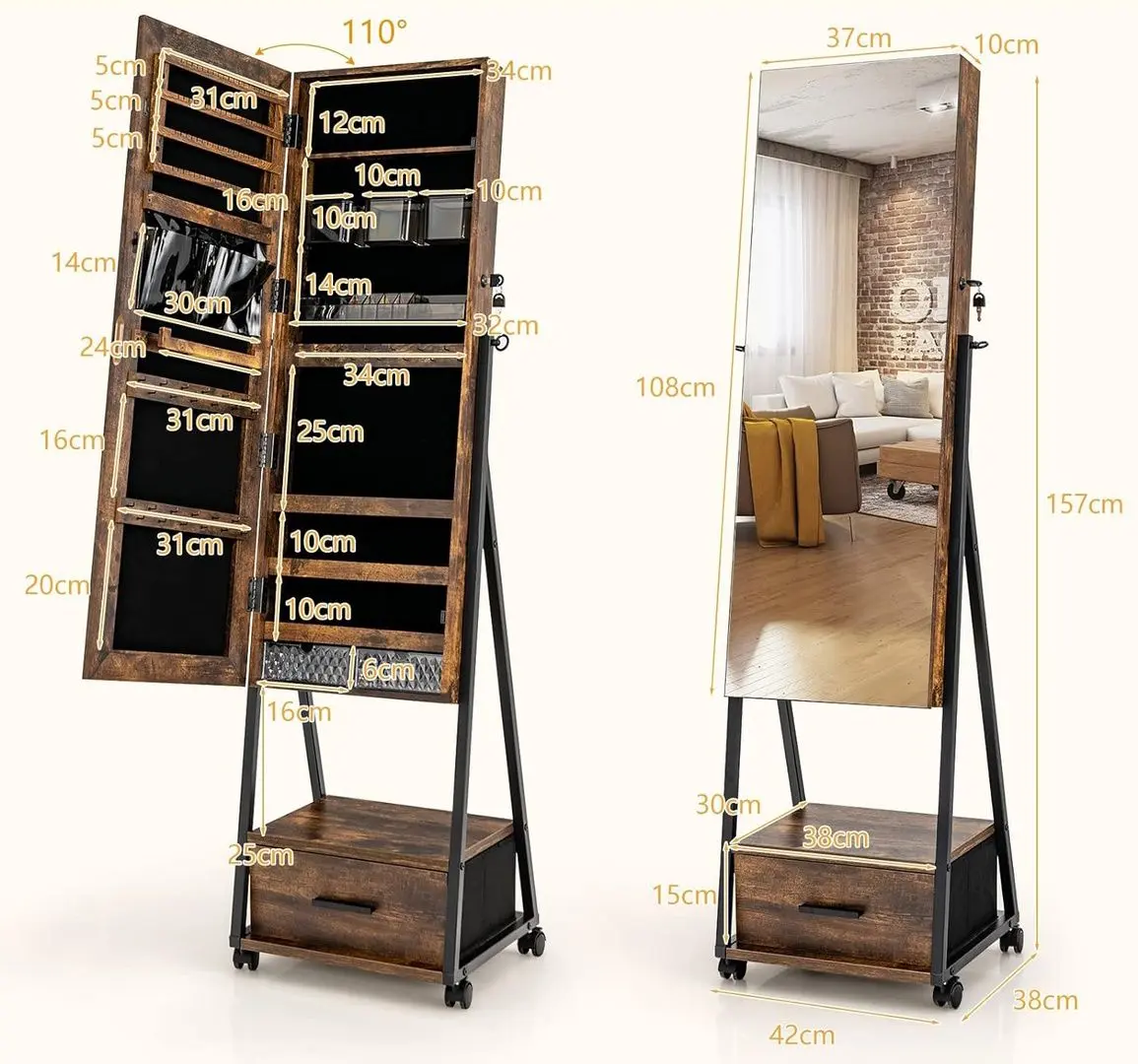 Шкаф-зеркало для украшений Costway JV10221CF (Brown) - 4