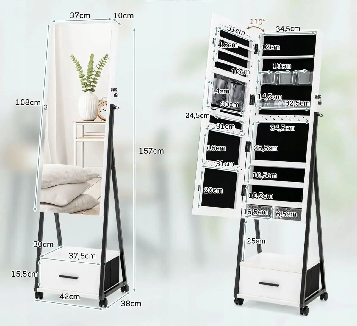 Dulap-oglinda pentru bijuterii Costway JV10221WH (White)