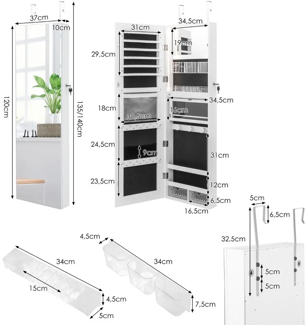 Шкаф-зеркало для украшений Costway JV10433WH (White) - 7
