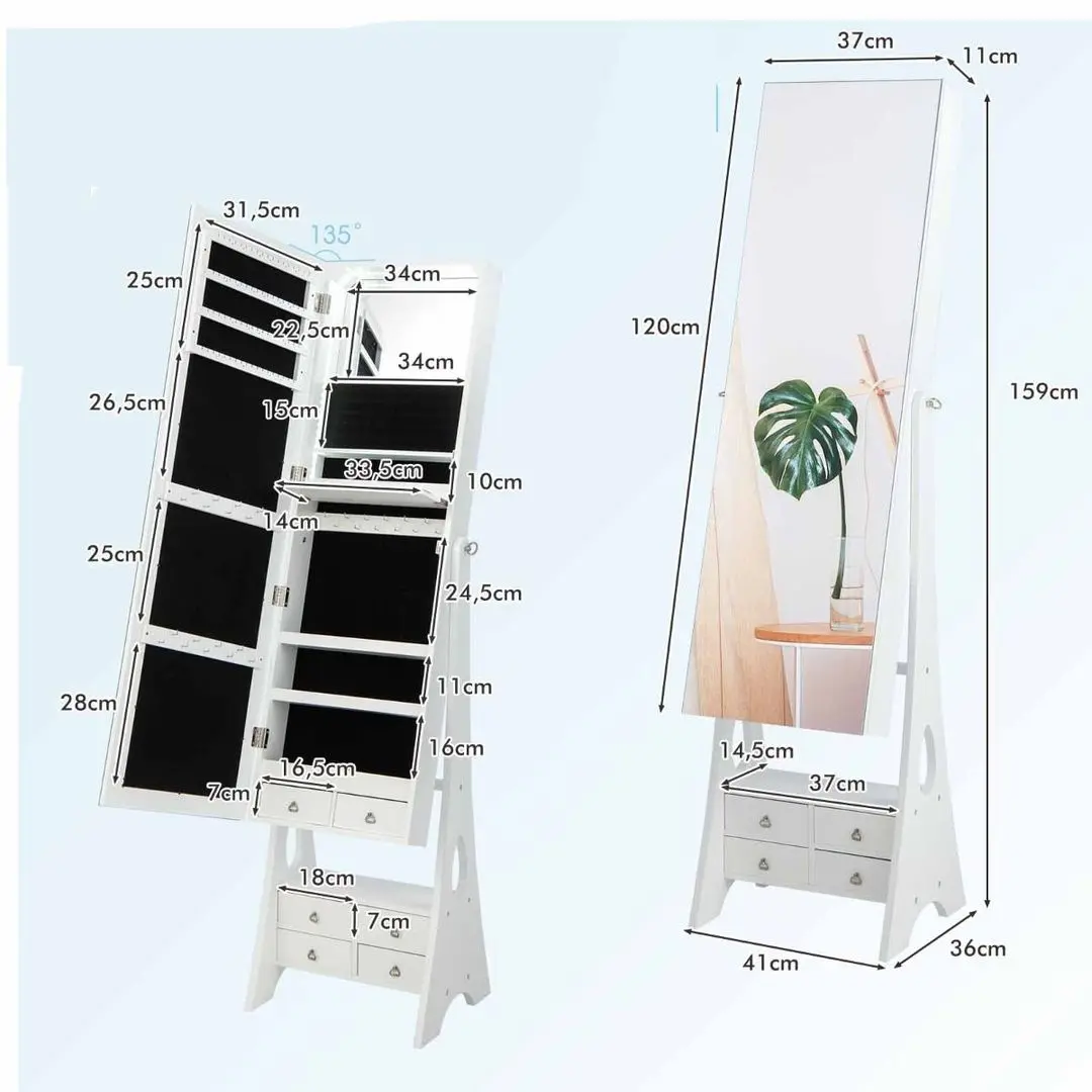 Dulap-oglinda pentru bijuterii Costway JV10585WH (White)