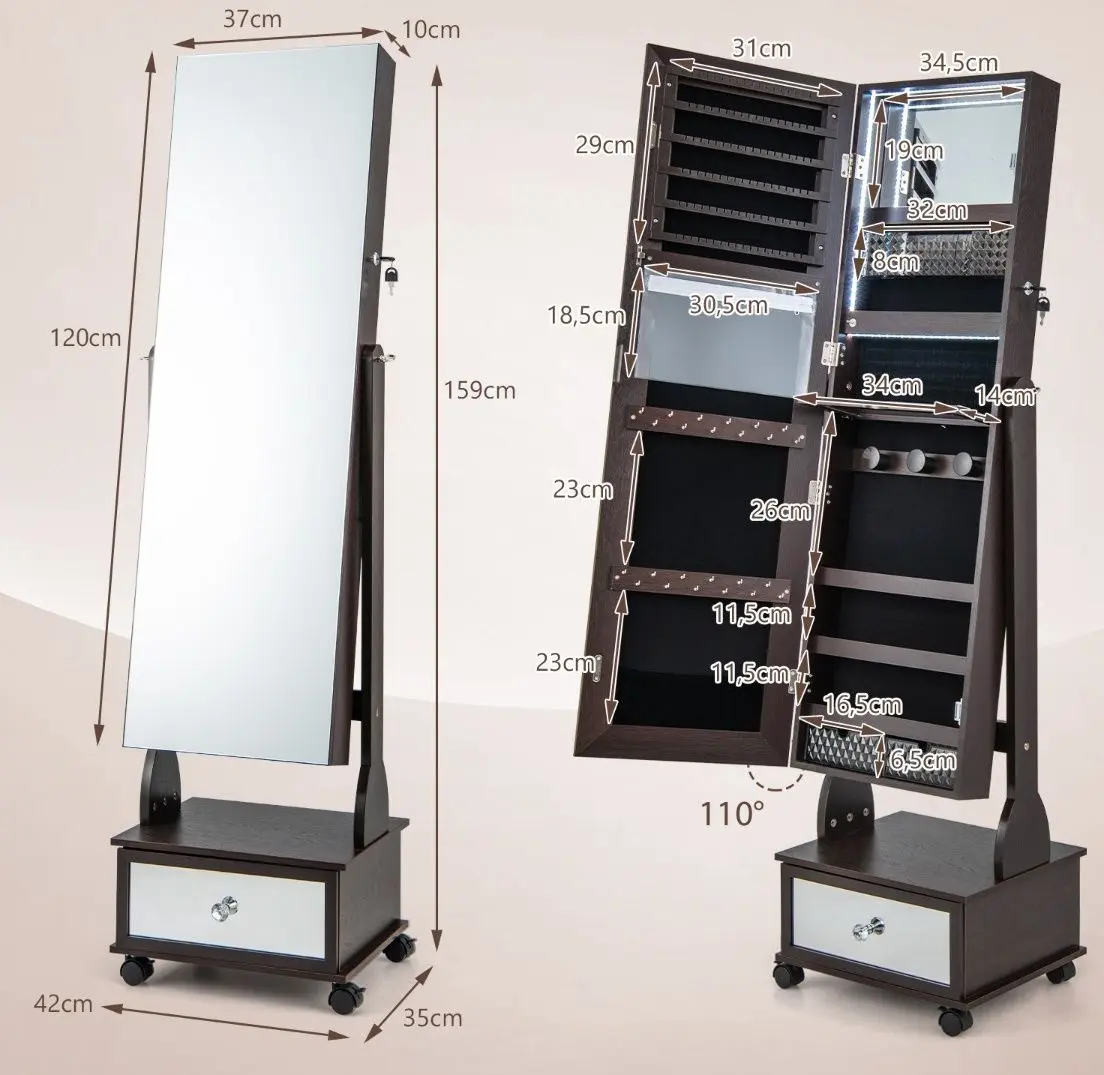 Dulap-oglinda pentru bijuterii Costway JV11233BN (Brown)