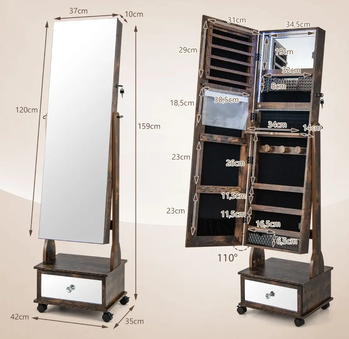 Шкаф-зеркало для украшений Costway JV11233CF (Rustic Brown)