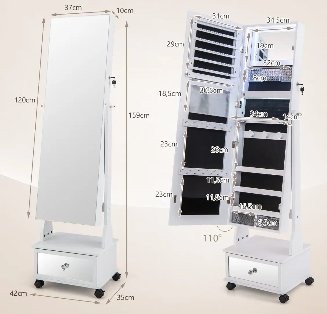 Dulap-oglinda pentru bijuterii Costway JV11233WH (White)