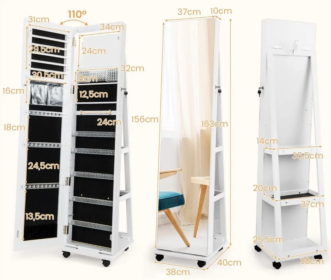 Шкаф-зеркало для украшений Costway JV11245WH (White) - 5