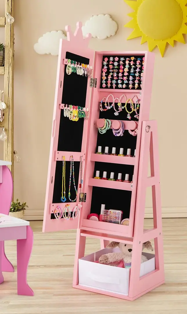 Dulap-oglinda pentru bijuterii pentru copii Costway HY10312PI (Pink)
