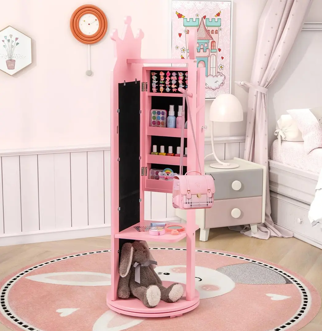 Dulap-oglinda pentru bijuterii pentru copii Costway HY10315PI (Pink)