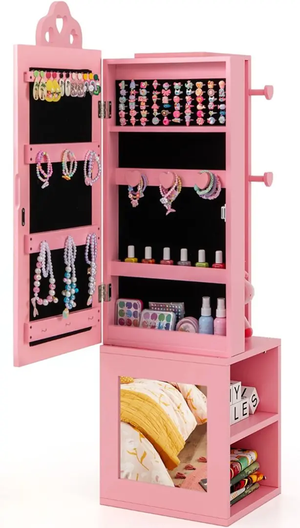 Dulap-oglinda pentru bijuterii pentru copii Costway HY10316PI (Pink)