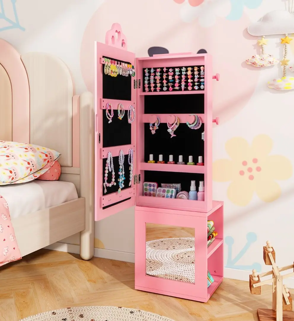 Dulap-oglinda pentru bijuterii pentru copii Costway HY10316PI (Pink)