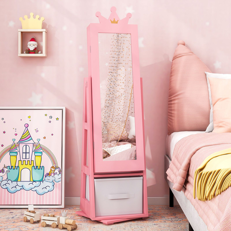 Dulap-oglinda pentru bijuterii pentru copii Costway HY10321PI (Pink ...